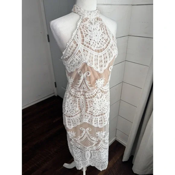 Lulus Dress Womens Medium White‎ Lace Nude Lined Halter Midi Cocktail Bridal - Picture 5 of 10